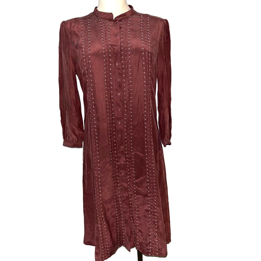 The Territory Ahead Women’s Silk Shirt Dress size 6 Burgundy Stitch Pintuck NWOT